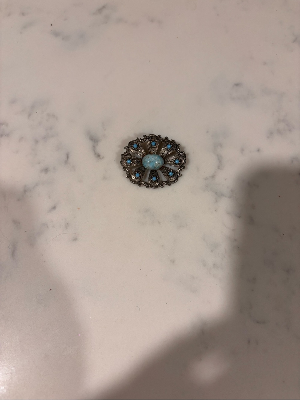 Bohemian Vintage Silver Tone Ornate Pin with Turquoise Color Cabochon Accent